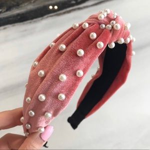 Pink Velvet Top Knot Pearl Embellished Headband